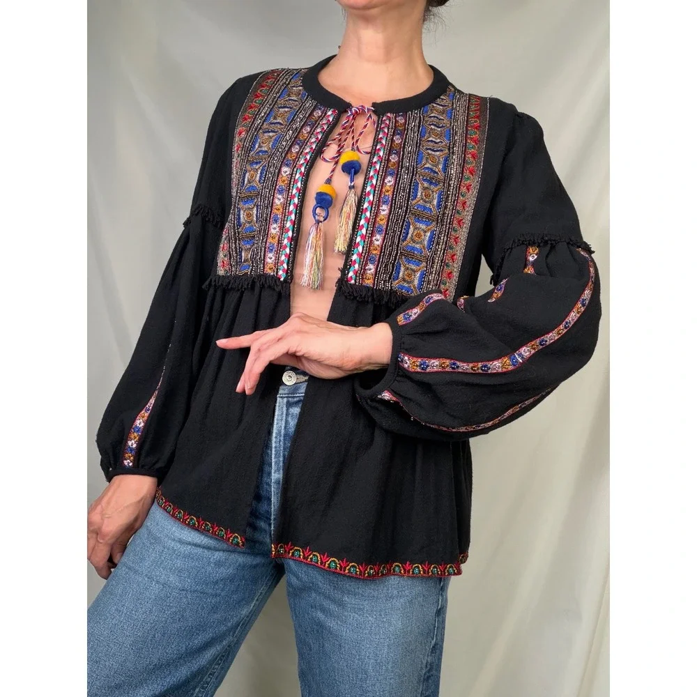 New Zara Beaded Folk Embroidered Tassel‎ Boho Blouse Balloon Sleeve Top NWT M
